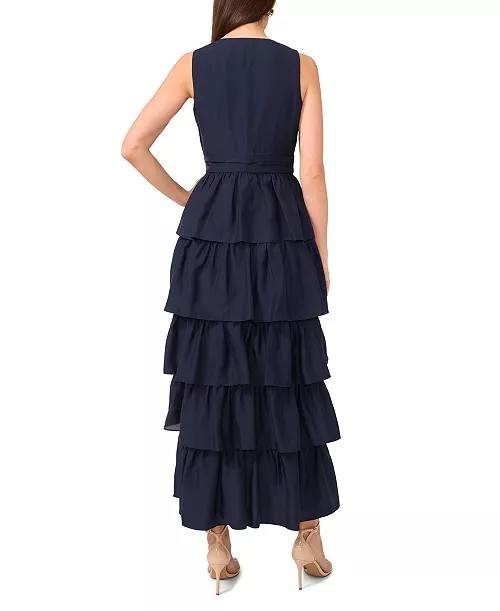 1.STATE Indigo Night Maxi Dress, V-Neck, Cascading Ruffle, Size 4, Sleeveless