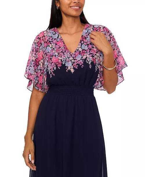 MSK Printed V-Neck Flutter-Sleeve Smocked-Waist Dress JBS Navy S NWOT $89