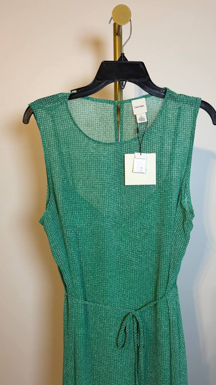 Calvin Klein Sleeveless Printed Chiffon Midi Dress Green L NWT $149