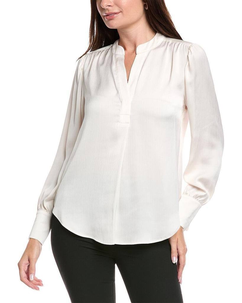 Anne Klein Women’s Pleat Front Blouse White Split Neck Long Sleeve Size S NWT