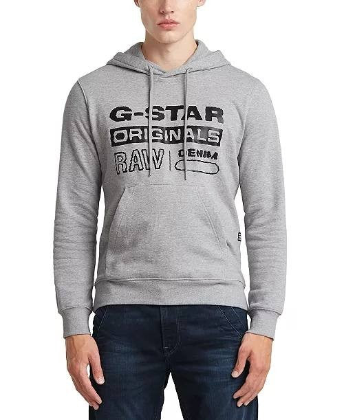 G‑Star RAW Men’s Distressed Originals Regular‑Fit Logo Fleece Hoodie Grey XXL