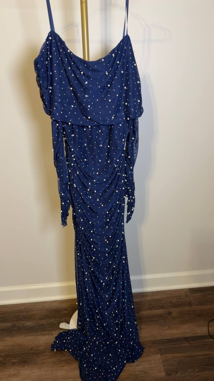 B Darlin Plus Off‑Shoulder Pearl Gown Navy 16W NWT $119