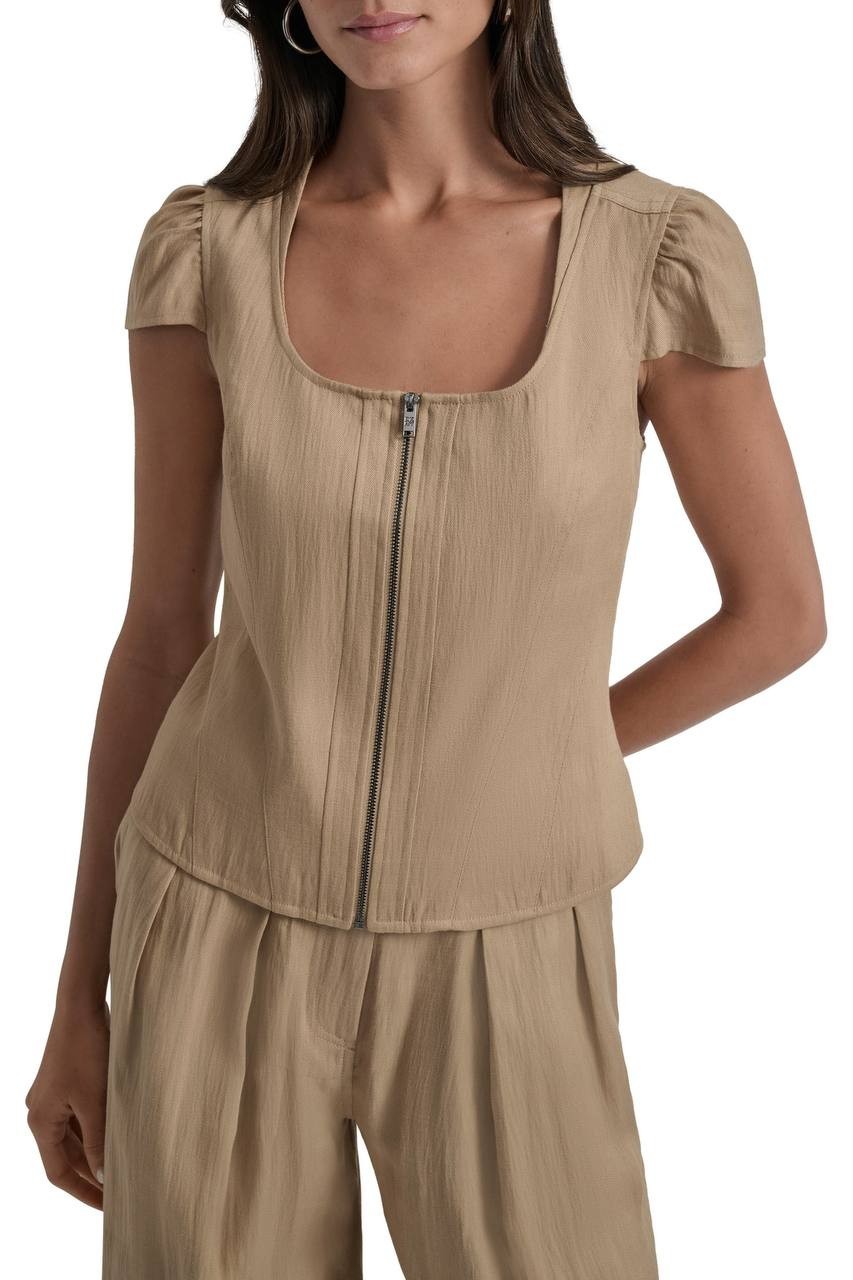 DKNY Cap Sleeve Zip Front Twill Shirt Travertine L NWT $99