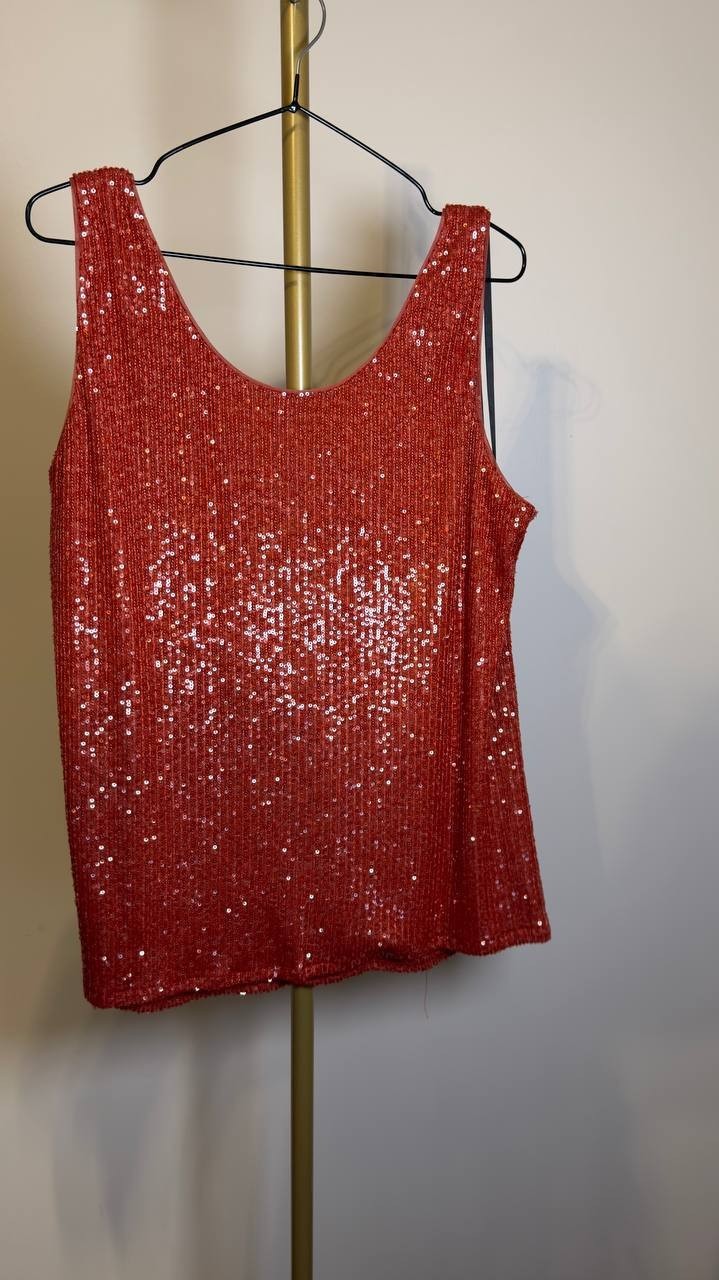Anne Klein Double Scoop Neck Sequin Tank Red L NWT $69