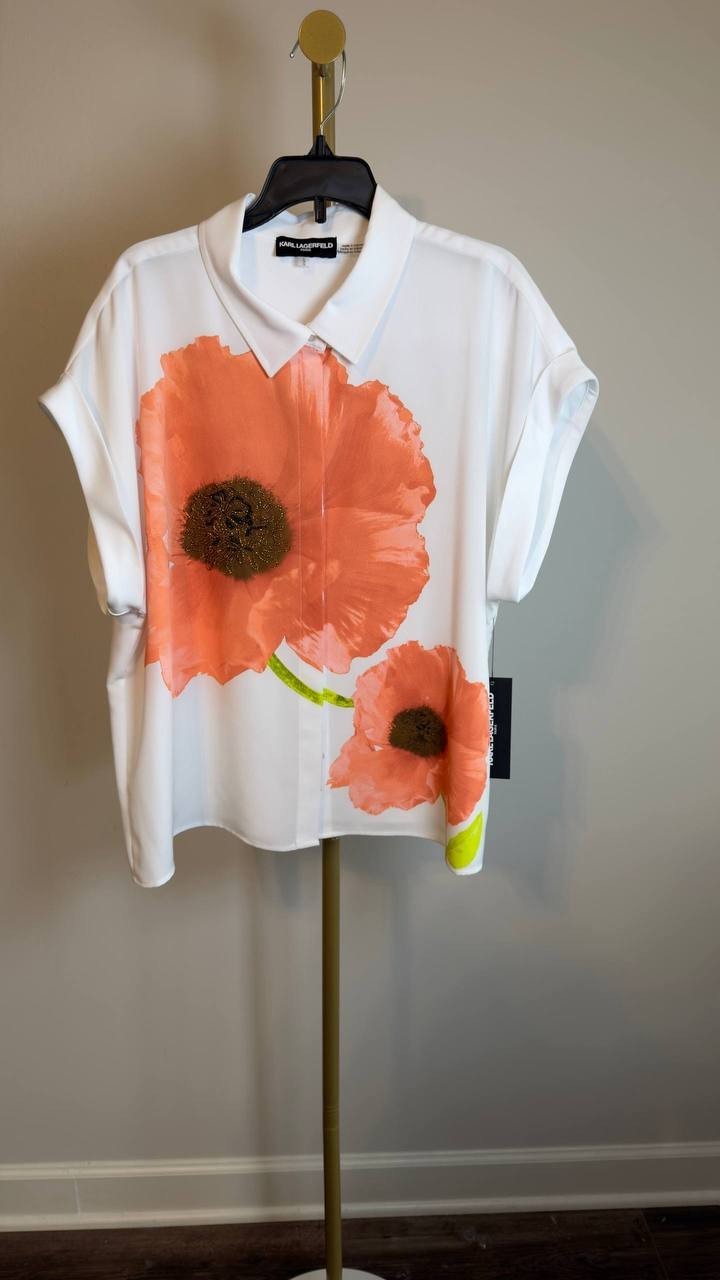 Karl Lagerfeld Paris Floral‑Print Blouse White Floral L NWT $109