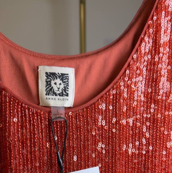 Anne Klein Double Scoop Neck Sequin Tank Red L NWT $69