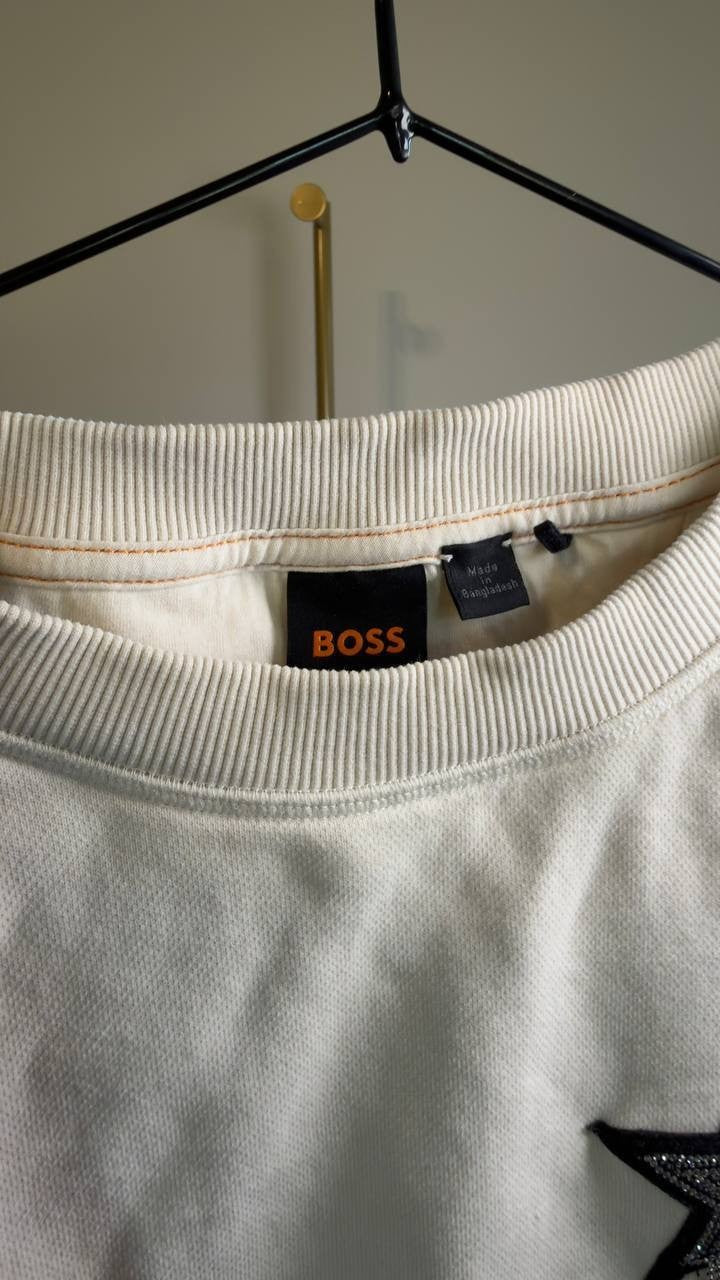 BOSS Star Logo Embroidered Cotton Sweatshirt Open White M Pre Owned $149