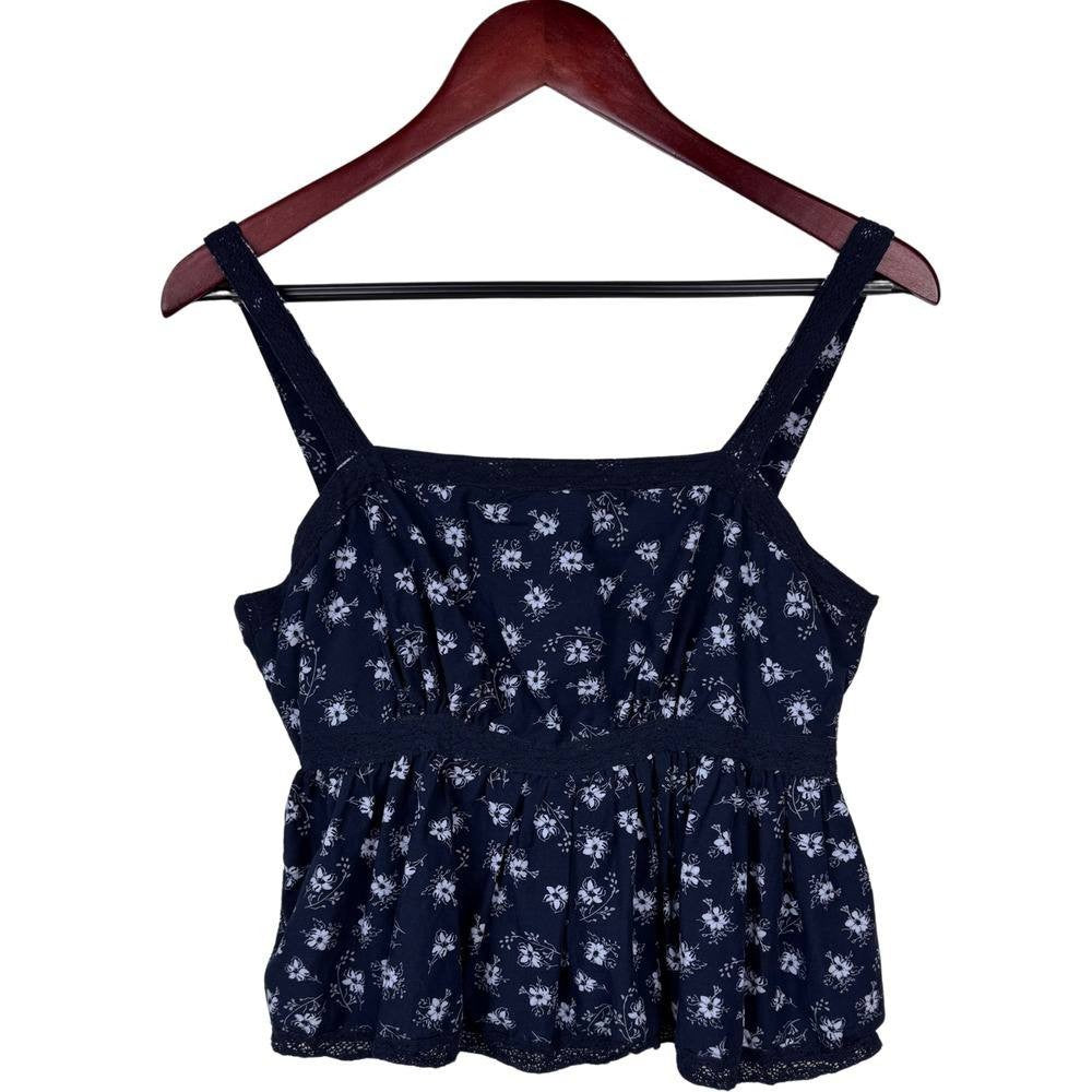 Celebrity Pink Juniors Babydoll Top Navy Floral Crochet Trim Square Neck