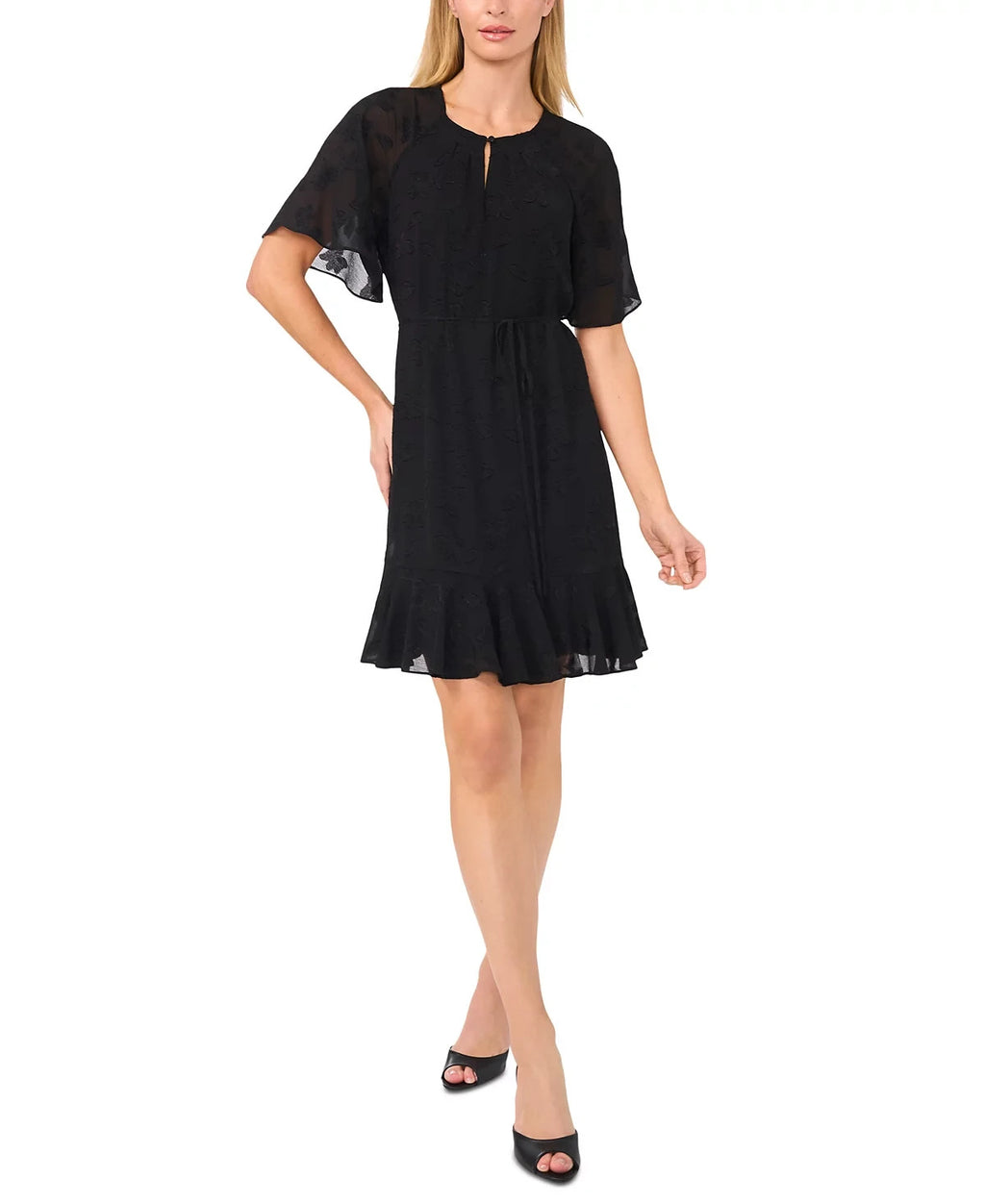 CeCe Flutter-Sleeve Fit & Flare Dress – Black, Size M