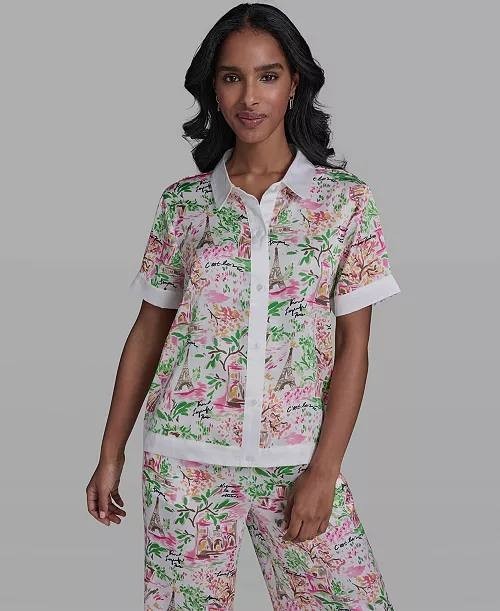 Karl Lagerfeld Collared Printed Button Top Soft White/Pink Carnation L NWT $99