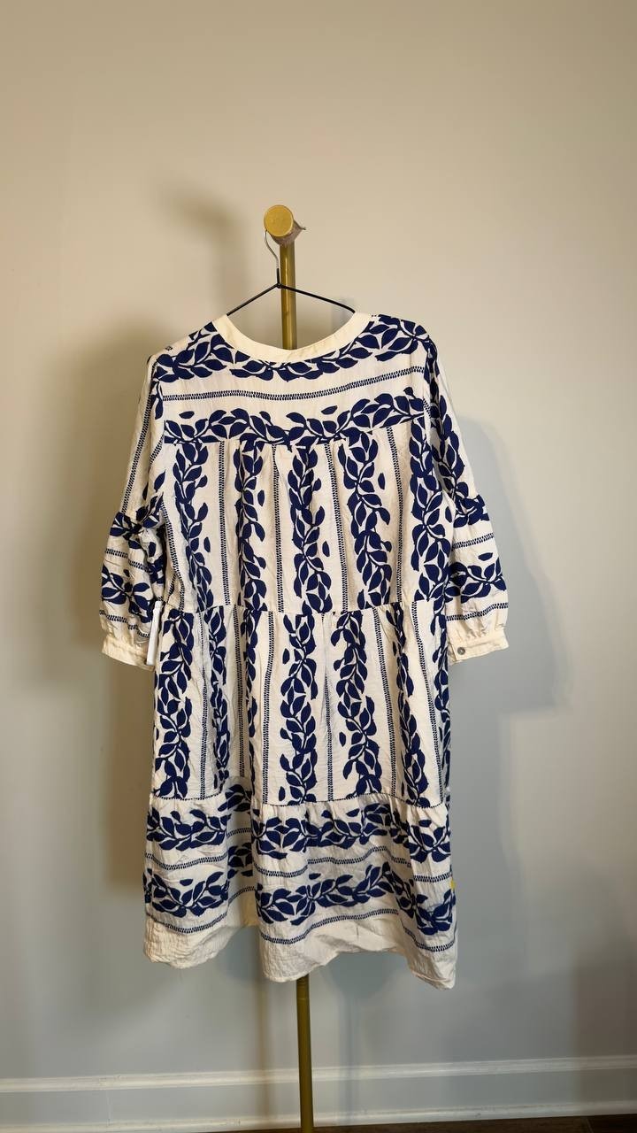 Figueroa & Flower 3/4 Sleeve Tier Babydoll A-Line Dress White/Navy L NWT $60