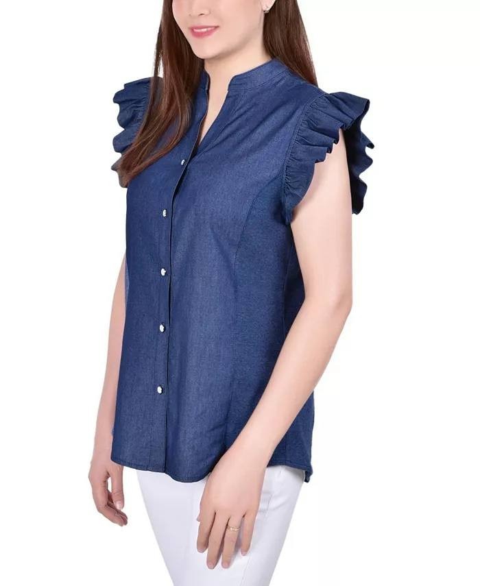NY Collection Petite Chambray Top Blue PL NWT  $40