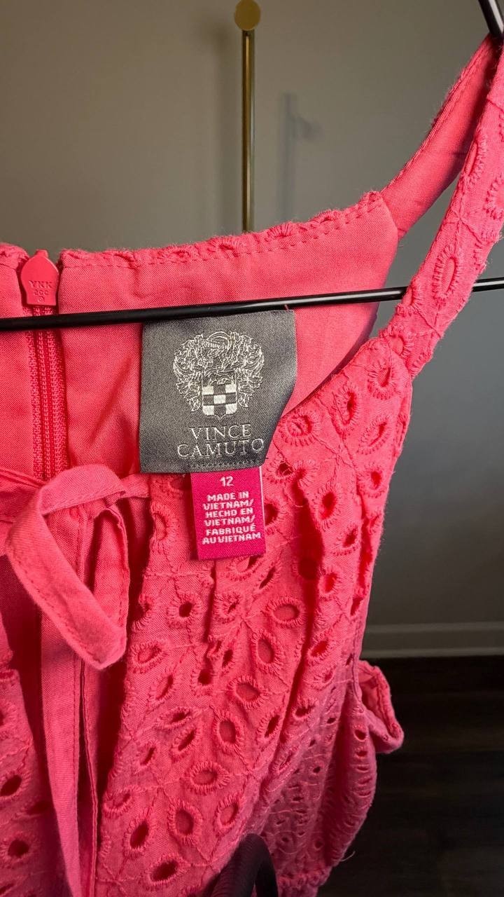 Vince Camuto Petite Cotton Tie‑Neck Tiered Dress Coral 12 NWOT $158