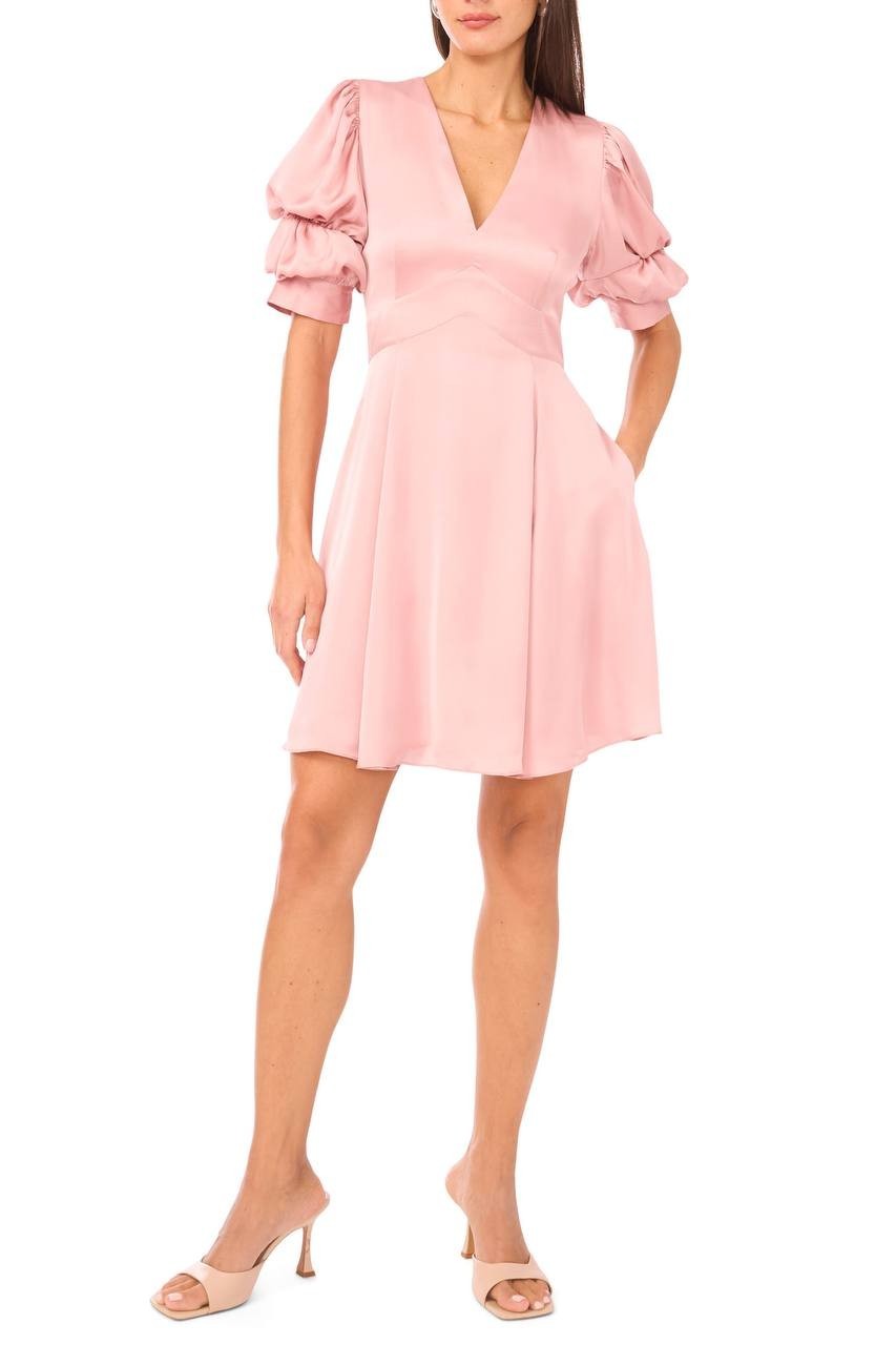 1.STATE Bubble Sleeve V‑Neck Fit & Flare Dress Light Pink L NWT $89