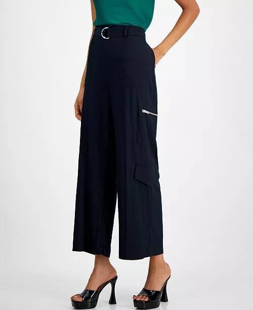 Bar III High Rise Belted Wide-Leg Cargo Pants Deep Black L NWT $59.50