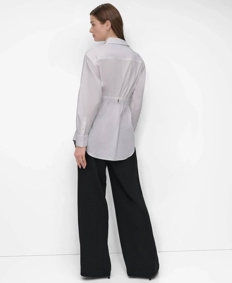 DKNY Cotton Belted Button‑Front Shirt White L NWT $119