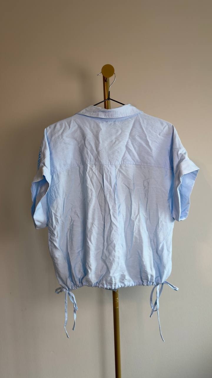 DKNY Ladder Lace Detail Short‑Sleeve Button‑Up Shirt Light Blue M NWT $99