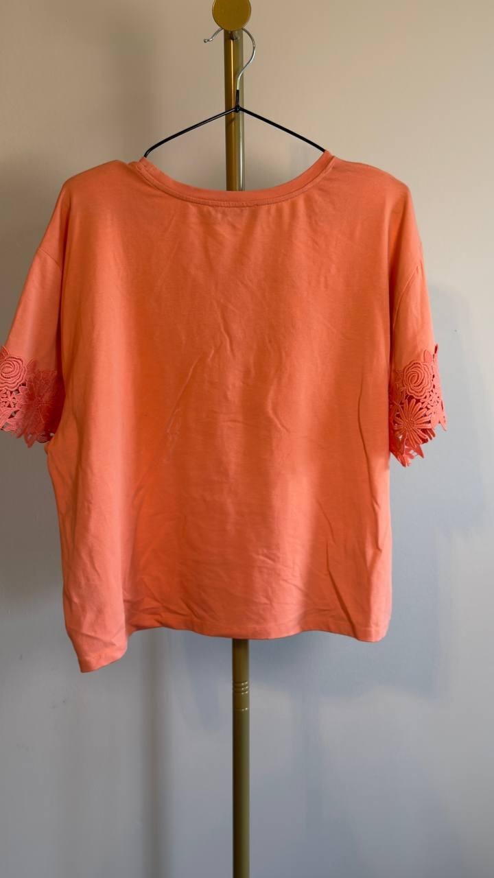 Karl Lagerfeld Lace‑Trim Knit Top Orange Size XL NWT $109