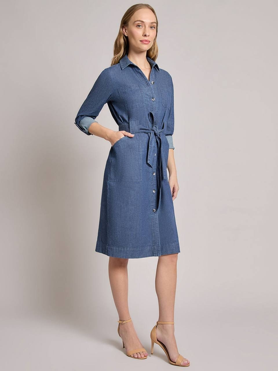 Jones New York Pocket Tie Dress – Size L – NWT – Dark Wash Denim Button FrontMid