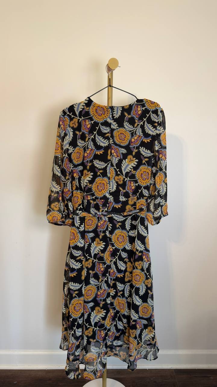 NY Collection Plus V-Neck  Belted Chiffon Dress Black Flowers 1X NWT $45,99