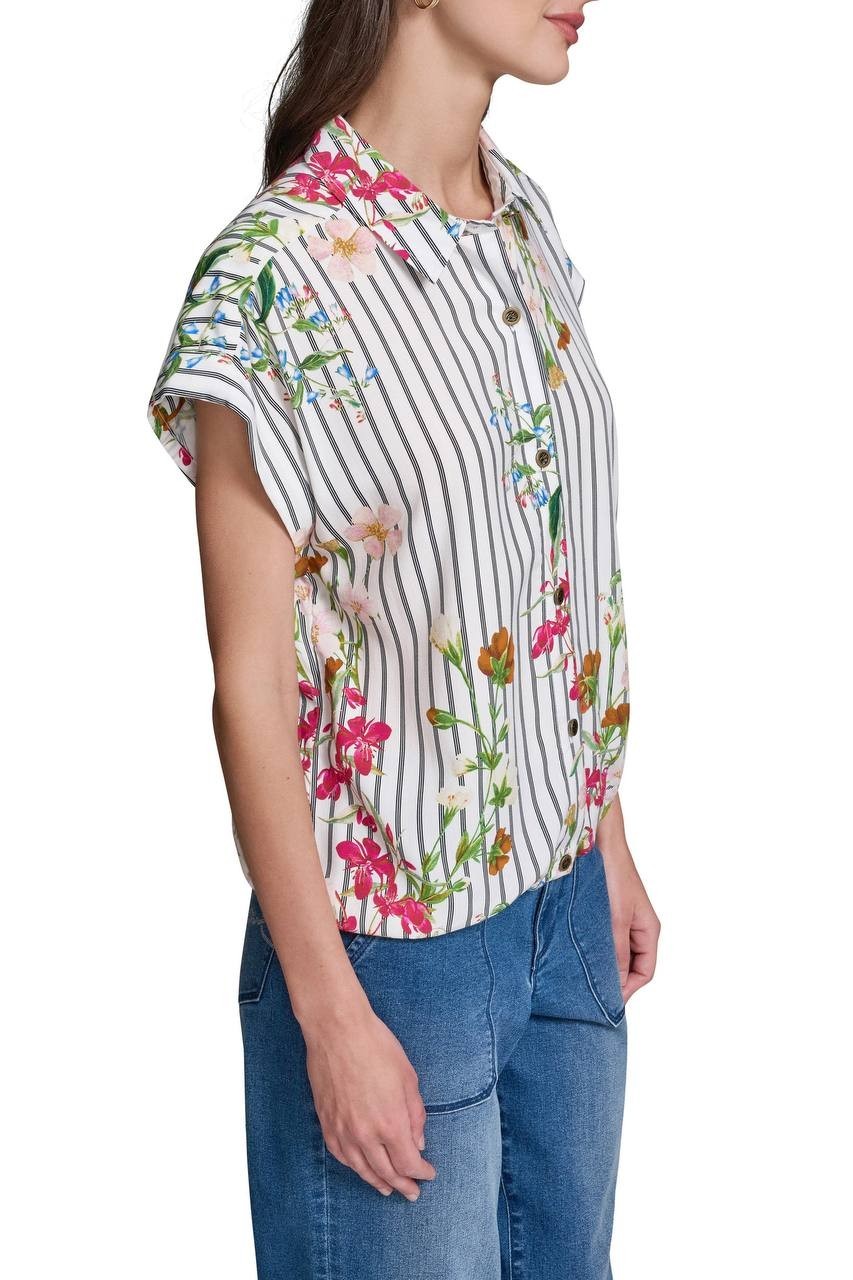 Karl Lagerfeld Paris Floral & Stripe Button‑Up Shirt Soft White Multi M NWT $99