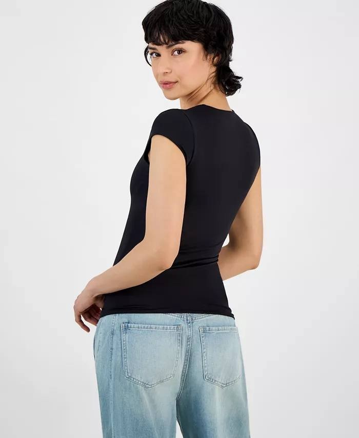And Now This Petite Square-Neck Cap-Sleeve Top Black PXS Pre-Owned $19.99
