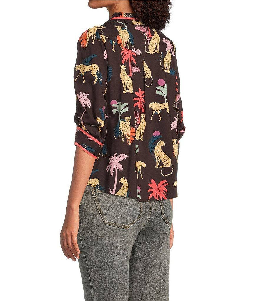 Democracy Top PS Petite Animal Palm Print Ruched Sleeve V-Neck NWT MSRP $78