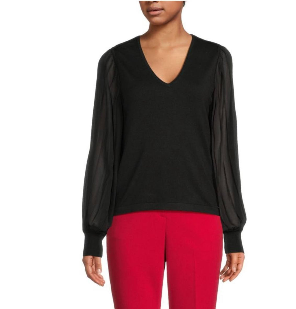 Calvin Klein Pleated Sleeve Top M Black Stretch Blouse Workwear NWT