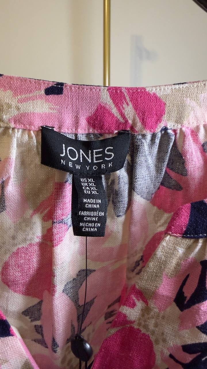 Jones New York Tie‑Sleeve Printed Split‑Neck Blouse White Multi XL NWT $69.50