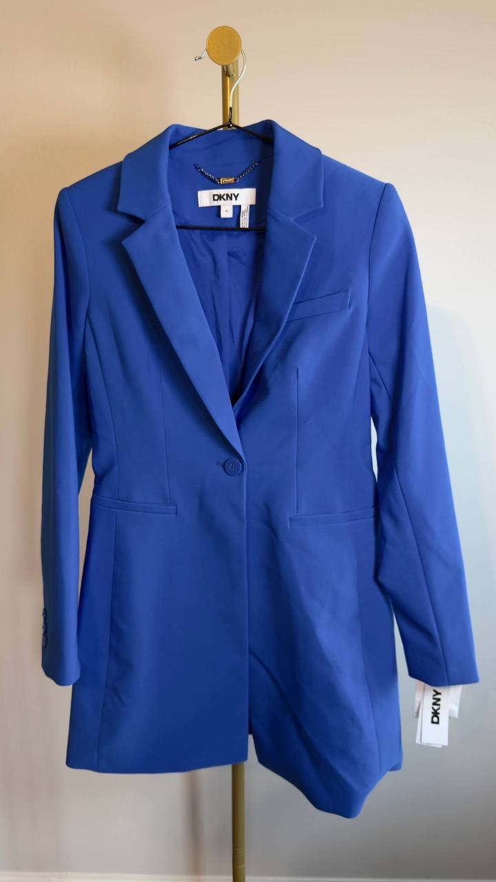 DKNY Notch‑Collar One‑Button Long Jacket Blue 4 NWT $169
