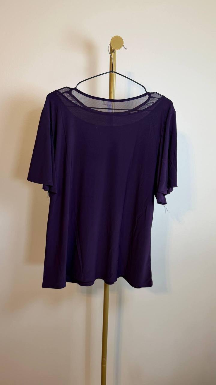 NY Collection Plus Size Knit Top Sheer Inset Deep Purple 1X NWT $32.99