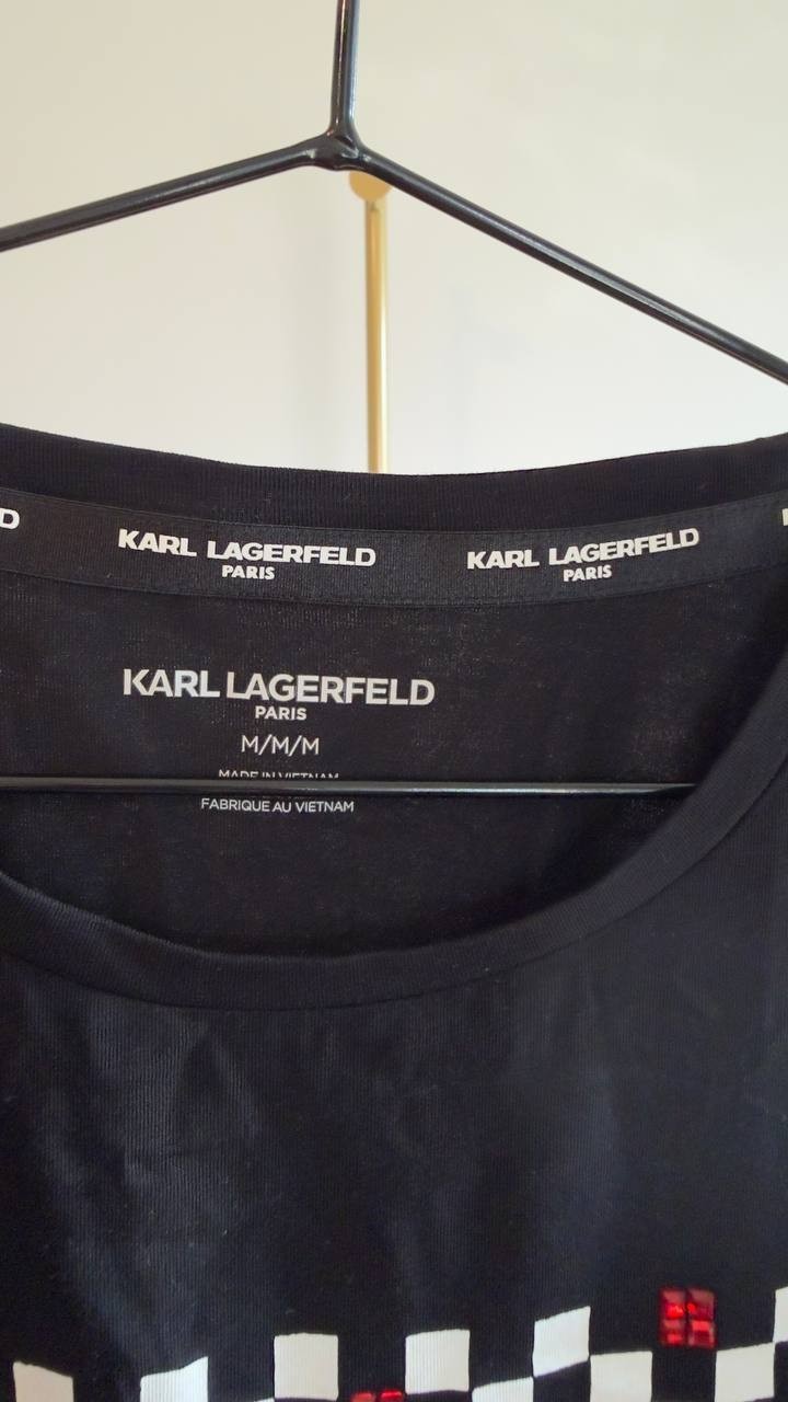 Karl Lagerfeld Paris Checkboard Logo Crewneck Motif Top M Black NWT $59
