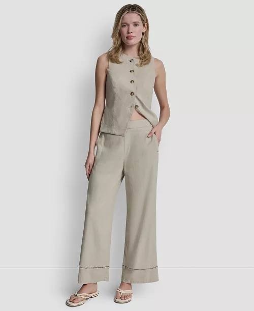 DKNY Jeans Linen‑Blend High‑Rise Pull‑On Wide‑Leg Pants Pebble PXL NWT $89