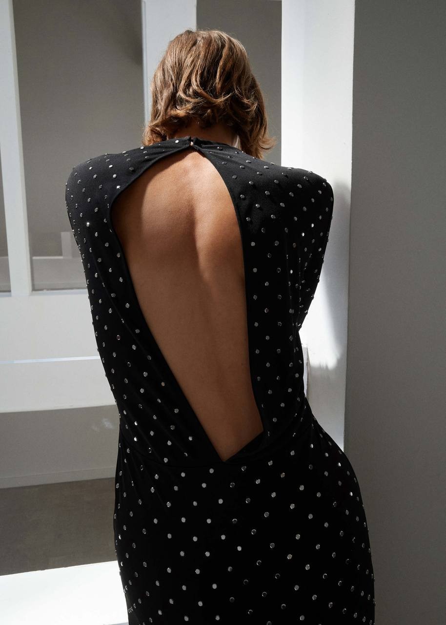 Mango Crystal Open-Back High-Collar Maxi Dress Black 6 NWOT $430