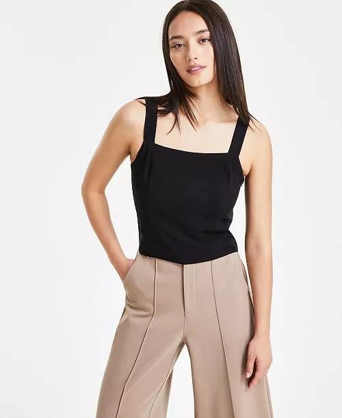 Bar III Petite Smocked Square-Neck Tank Top, Black, PS, NWT, Sleeveless