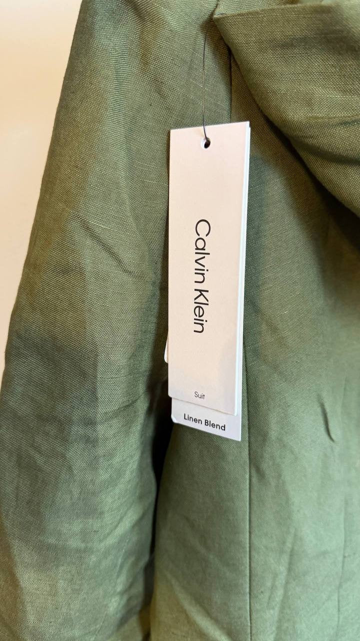 Calvin Klein Women’s Green Petite Linen-Blend 3/4-Sleeve One-Button Blazer Size