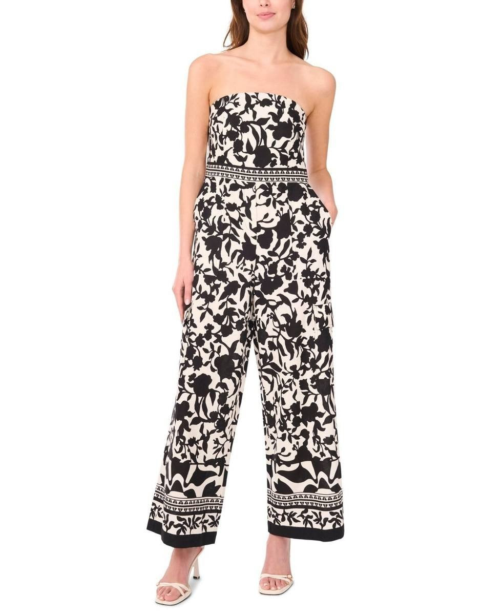MSK Strapless Smocked Floral Wide‑Leg Jumpsuit Black XL NWT $119