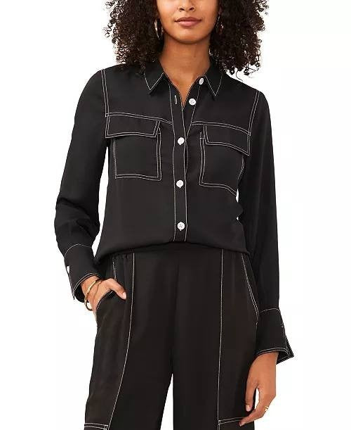 Vince Camuto Contrast Stitch Collared Button Blouse Black Size XS NWT $79