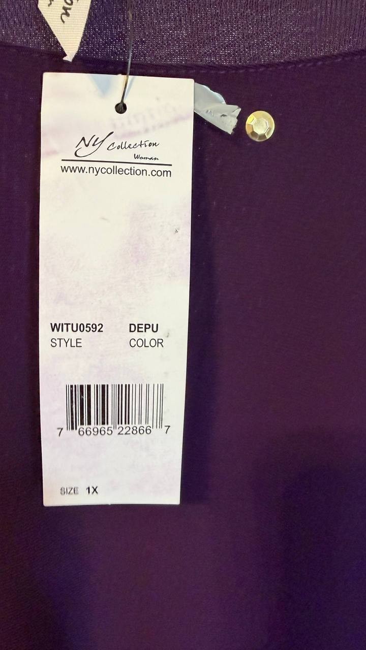 NY Collection Plus Size Knit Top Sheer Inset Deep Purple 1X NWT $32.99