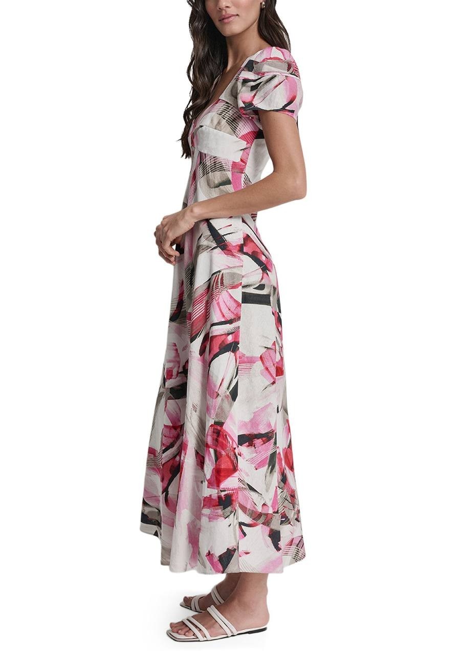 DKNY Women’s Puff Sleeve Asymmetrical Printed Dress Spring Wisteria 8 NWT $149