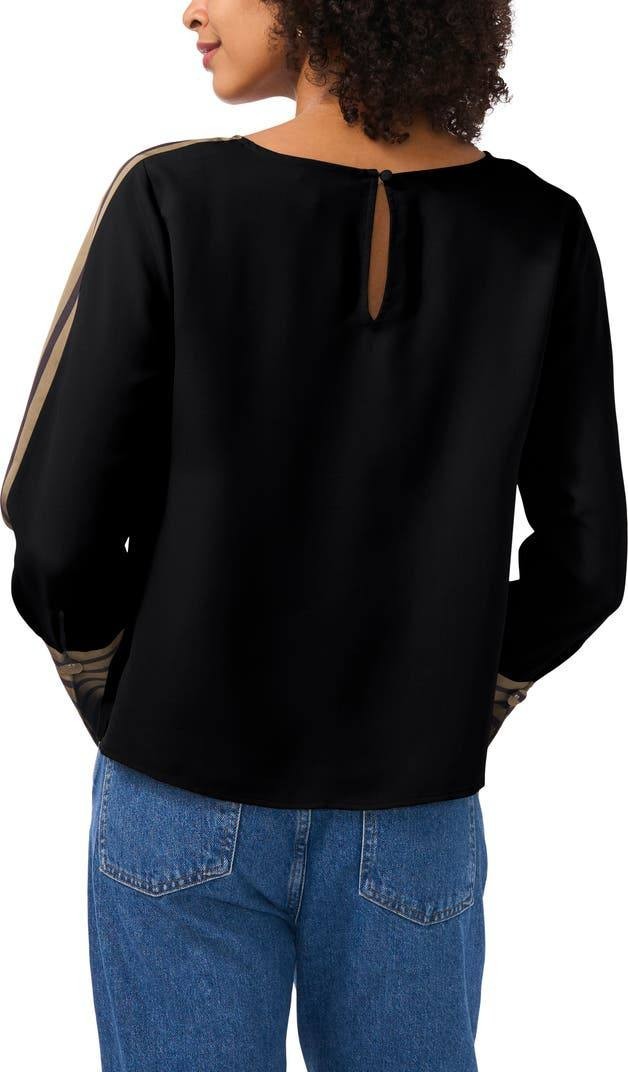 Vince Camuto Stripe Accent Boat Neck Top Black Long Sleeve Cuffs Size S NWT $89