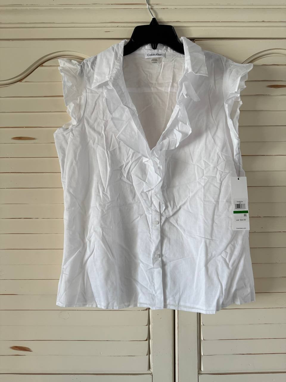 Calvin Klein Collared Ruffled Short-Sleeve Blouse Cream PL NWT $59