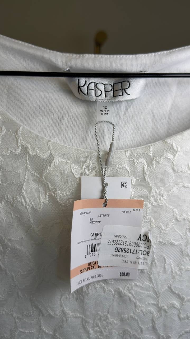 Kasper Plus Size Stretch Lace Flutter-Sleeve Top Lily White 2X NWT $69