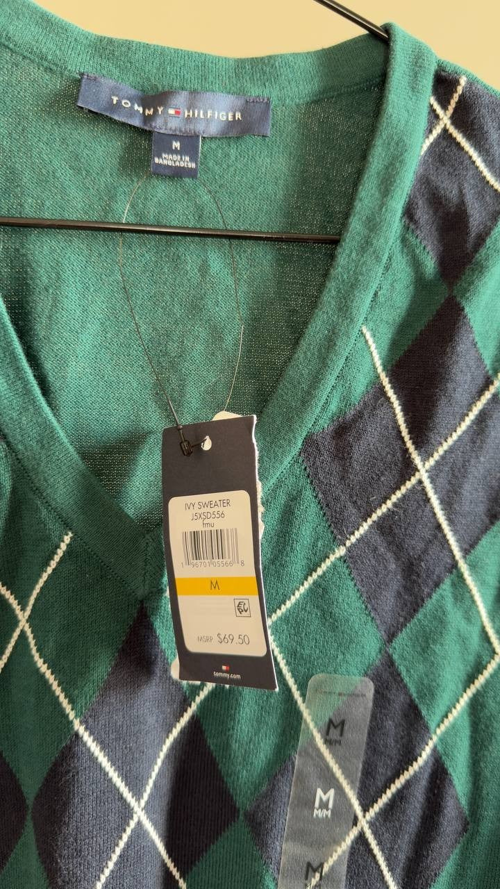 Tommy Hilfiger Cotton Argyle Ivy Sweater Forest Multi M NWT $69.50