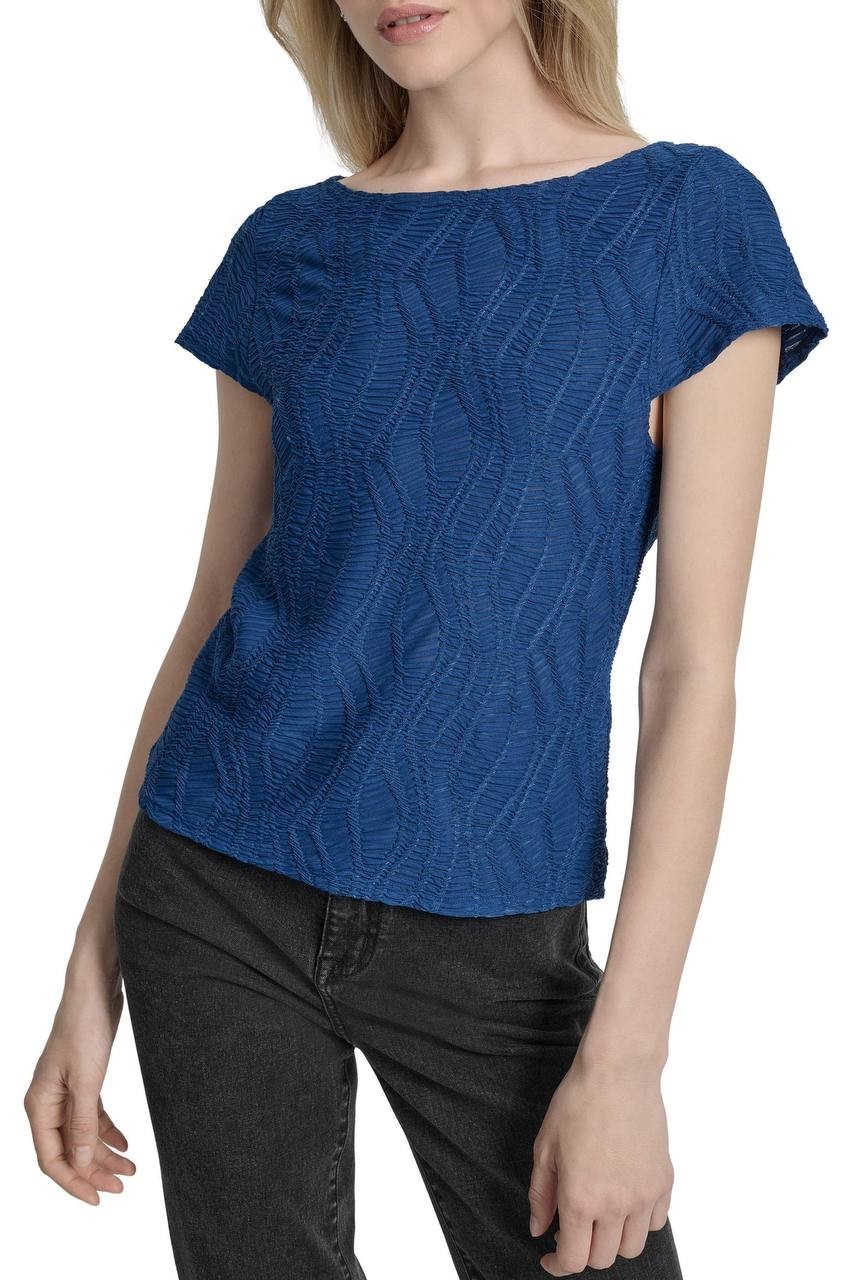 DKNY Texture Knit Boat‑Neck Top Cadet Blue S NWT $69