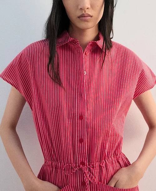 Mango Striped Shirt Dress Button Front Waist Tie Red Size 8 NWT $70