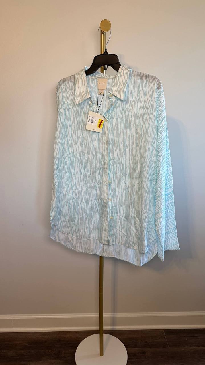 Calvin Klein Striped Long Sleeve Button‑Down Shirt White Print L NWT $109