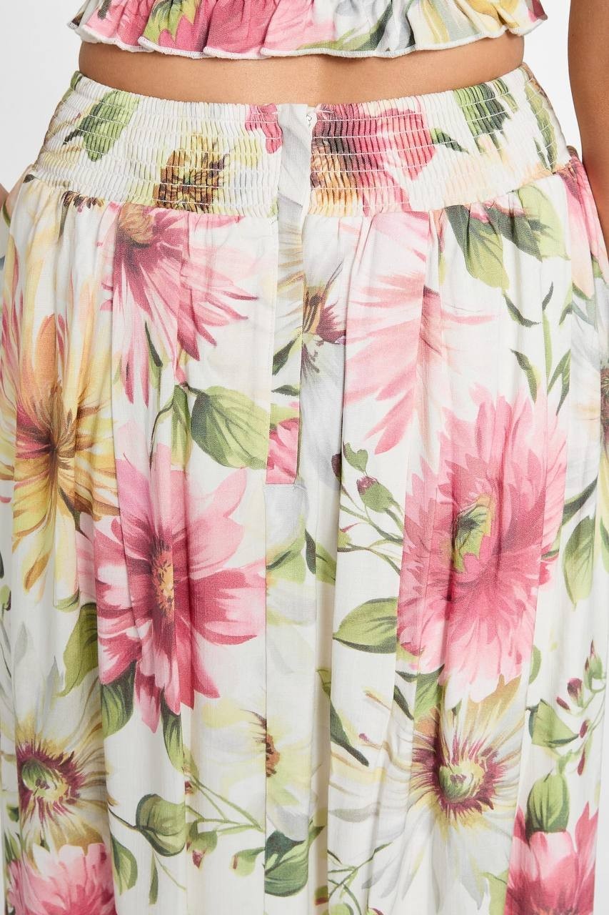 Guess Eco Elodie Floral Midi Skirt Daisies Print White Yellow Size S NWT $118