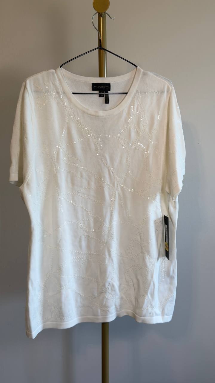 Donna Karan NY Short-Sleeve Sequin Detail Sweater Cream XL NWT $99