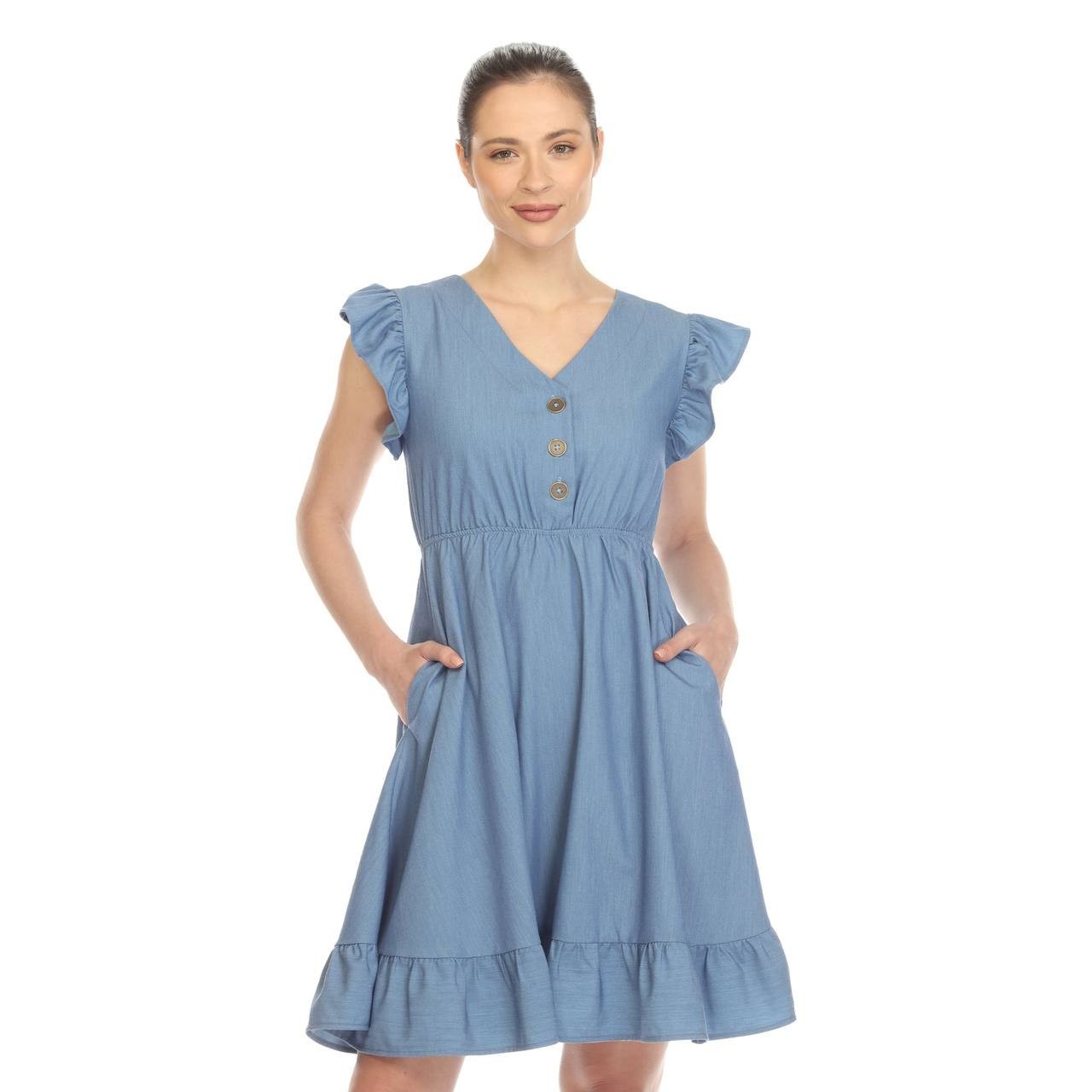White Mark Ruffle Sleeve Button-Front Knee-Length Dress Blue L NWT $76